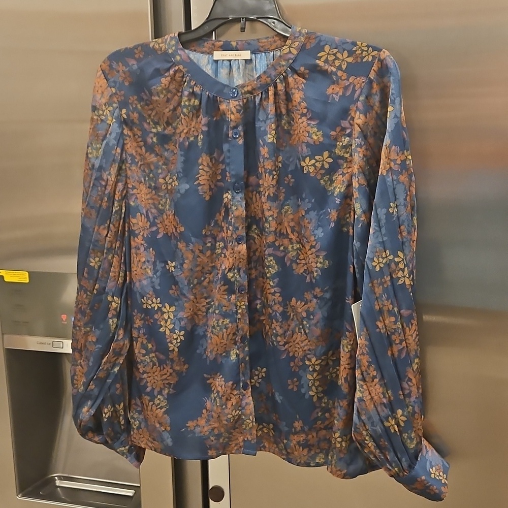 💕SKIES ARE BLUE💕Long-Sleeve Button-Down Blouse ~ Teal Mustard Print  NWT - Picture 7 of 14